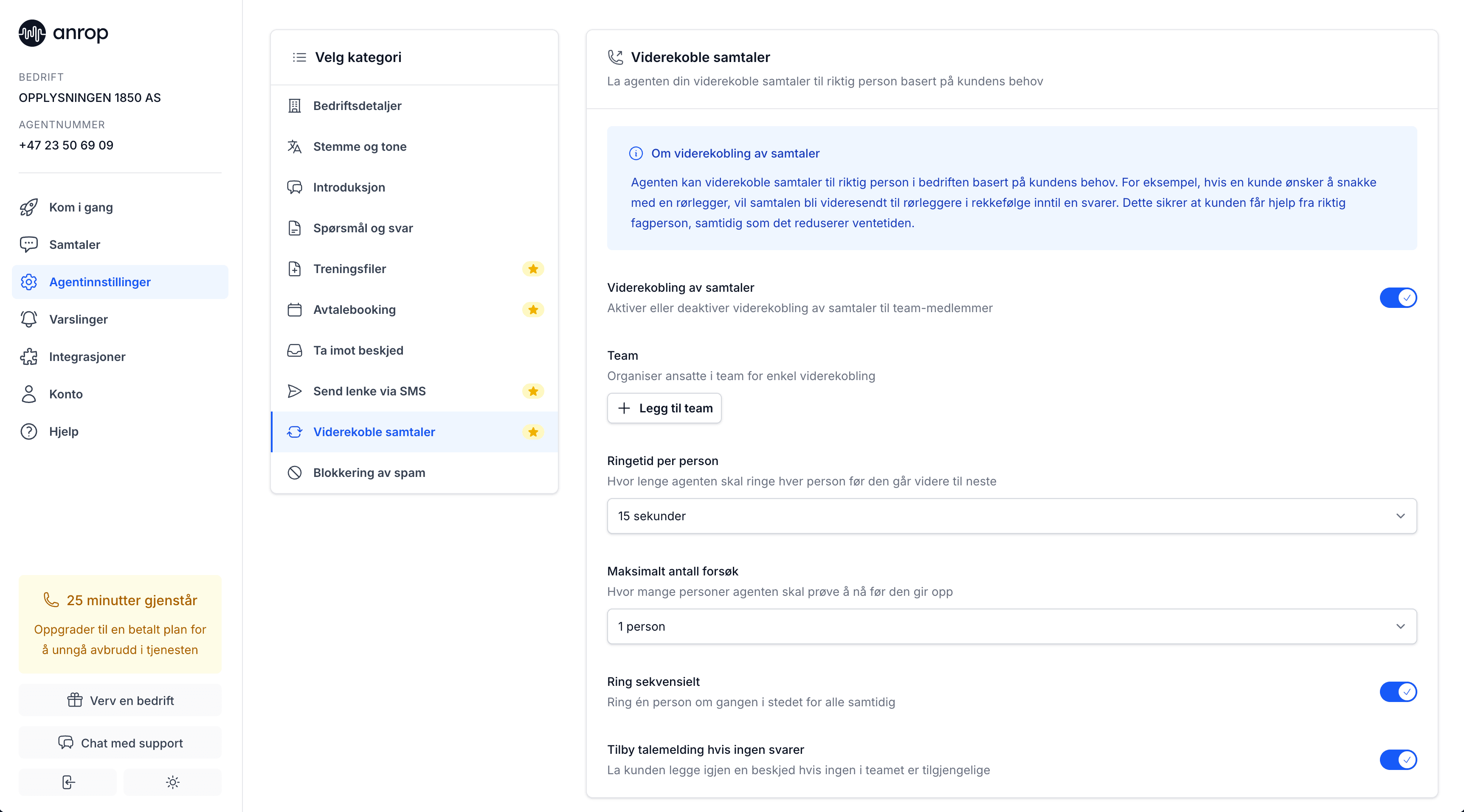 Anrop dashboard — agent voice and tone settings